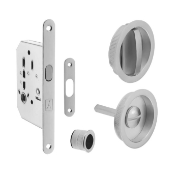 Kit tondo BON Bonaiti per porta scorrevole, chiavistello e bottone con serratura 50 mm, finitura Cromato Satinato