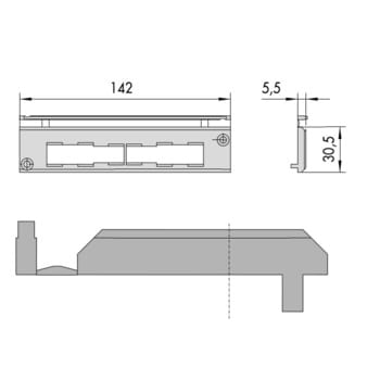 Contropiastra Cisa in nylon per applicazione di serratura, richiesto utilizzo dell'inserto rullo 1.06141.82.0, dimensione 142x30,5 mm, spessore 5,5 mm