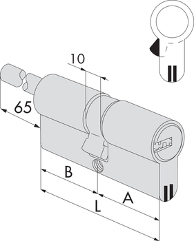Doppio cilindro a profilo Europeo Cisa 64 mm (35/30) serie Astral S, con gambo pomolo rasabile, finitura Ottone Nichelato