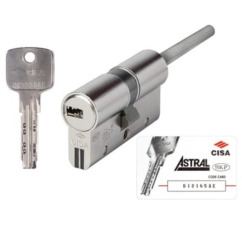 Doppio cilindro a profilo Europeo Cisa serie Astral S 0A3S7.12, gambo pomolo rasabile, lunghezza 69 mm, finitura Ottone Nichelato