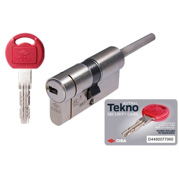 Doppio cilindro a profilo Europeo Cisa serie Astral Tekno 0M3T7.87, gambo pomolo rasabile, lunghezza 89 mm, finitura Ottone Nichelato