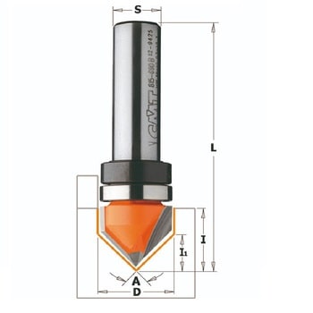Fresa CMT per intagli a V a due taglienti, con cuscinetto guida, diametro 19 mm, angolo di taglio 90°