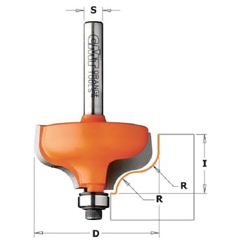 Fresa CMT profilata, smussatura ad angolo terminale, raggio 6,4 mm, diametro 38,1 mm, altezza di taglio 18 mm, diametro attacco 6 mm