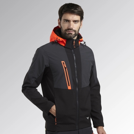 Giacca Diadora Softshell Hybrid da lavoro, chiusura full zip, multitasche, con cappuccio rimovibile, taglia M, colore Nero