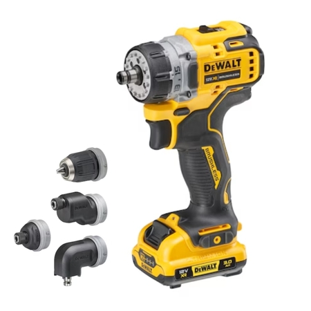 Trapano avvitatore 12V DCD703L2T-QW Dewalt per metallo e legno, multitesta con attacchi magnetici 1/4 pollici, velocità 0-1500 giri/min, kit batterie XR 3 Ah