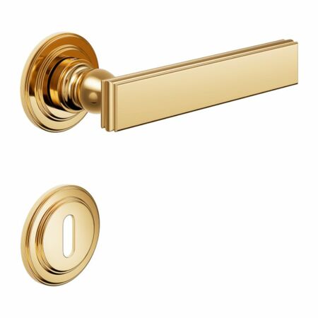 Maniglia Lucrezia DND LT13P per porta, rosetta e bocchetta tonda 53x8 mm foro Patent, Ottone finitura PVD Oro Antico Lucido