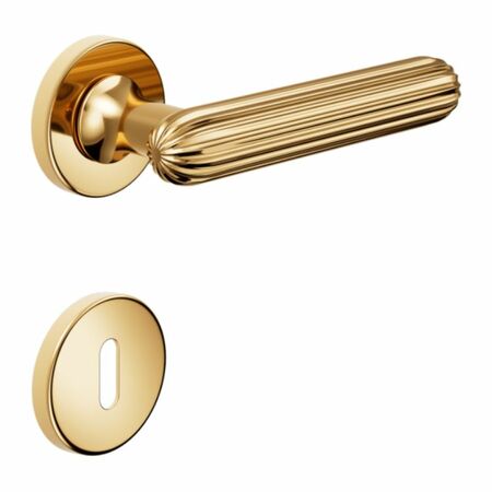 Maniglia Zeppelin DND ZP12P per porta, rosetta e bocchetta tonda 50x7 mm foro Patent, Ottone finitura PVD Oro Antico Lucido