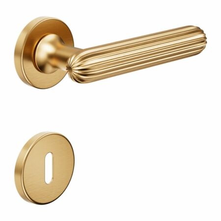 Maniglia Zeppelin DND ZP12P per porta, rosetta e bocchetta tonda 50x7 mm foro Patent, Ottone finitura PVD Oro Antico Satinato
