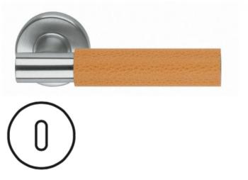 Maniglia per porta Fusital serie K2 H5015, con rosetta e bocchetta foro normale, finitura Inox Satinato e pelle arancione