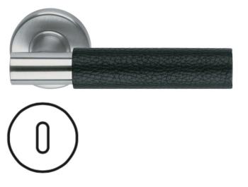 Maniglia per porta Fusital serie K2 H5015, con rosetta e bocchetta tonda foro normale, finitura Inox Satinato e pelle nera