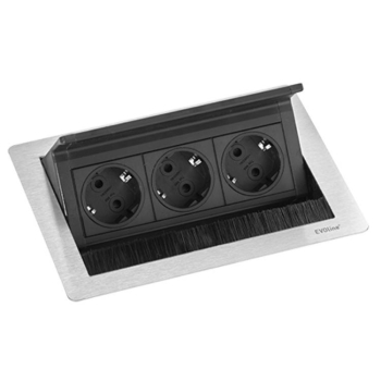 Multipresa da tavolo a scomparsa EVOline FlipTop Push S, a incasso, 3 prese Shuko e passacavi, finitura Acciaio Inox