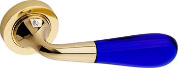 Maniglia per porta Kleis serie Gemma, con rosetta e bocchetta, foro Patent-Lock, finitura Ottone Lucido + Vetro Blu Trasparente