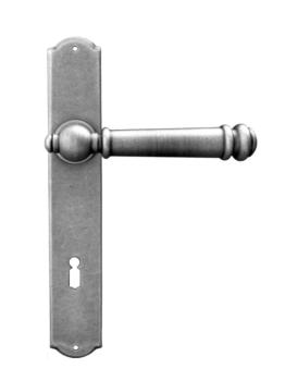 Maniglia in ferro per porta Galbusera serie Brema, con molla e placca, finitura Nero Antico