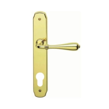 Maniglia Novecento Ghidini per porta interna, placca lunga 236x40 mm, foro Yale interasse 85 mm, Ottone finitura Lucido Verniciato