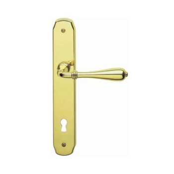 Maniglia Novecento Ghidini per porta interna, placca lunga 236x40 mm, foro Patent interasse 70 mm, Ottone finitura Lucido Verniciato