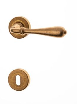Maniglia Novecento Ghidini per porta interna, rosetta e bocchetta tonda foro Patent, quadro 8 mm, Ottone finitura Anticato Naturale