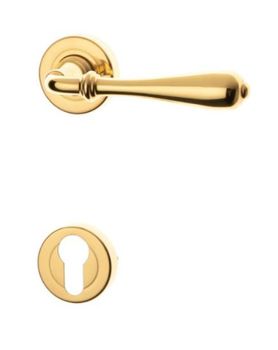 Maniglia Novecento Ghidini per porta interna, rosetta e bocchetta tonda foro Yale, quadro 8 mm, Ottone finitura Lucido Verniciato