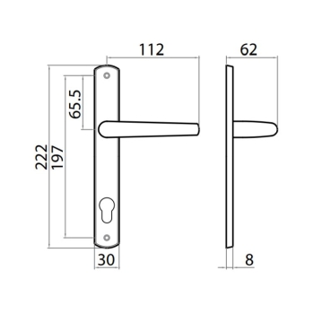 Maniglia Milena Ghidini per porta interna, placca stretta 222x30 mm, foro Yale interasse 85 mm, Ottone finitura Cromo Satinato
