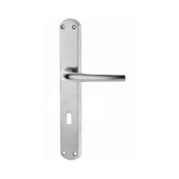 Maniglia Milena Ghidini per porta interna, placca lunga 240x38 mm, foro Patent interasse 70 mm, Ottone finitura Cromo Satinato