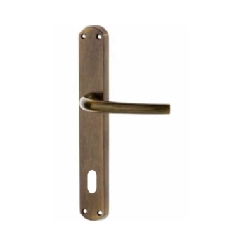 Maniglia Milena Ghidini per porta interna, placca lunga 240x38 mm, foro Patent interasse 70 mm, Ottone finitura Graffiato Verniciato
