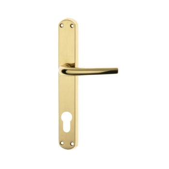 Maniglia Milena Ghidini per porta interna, placca lunga 240x38 mm, foro Yale interasse 85 mm, Ottone finitura Lucido Verniciato