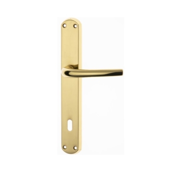 Maniglia Milena Ghidini per porta interna, placca lunga 240x38 mm, foro Patent interasse 90 mm, Ottone finitura Lucido Verniciato