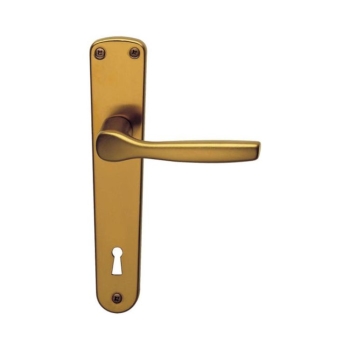 Maniglia Gabry Ghidini per porta interna, placca lunga 206x42 mm, foro Patent interasse 90 mm, Alluminio finitura Bronzo F4