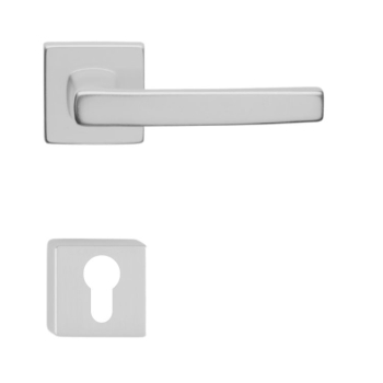 Maniglia Seven Q Ghidini per porta interna, rosetta e bocchetta quadra foro Yale, quadro 8 mm, Alluminio finitura Argento F1
