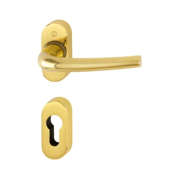 Maniglia Seattle Hoppe per porta a profilo, rosetta e bocchetta ovale foro Yale, quadro 8 mm, spessore porta 58-80 mm, Alluminio finitura Oro Lucido F271