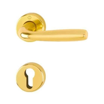 Maniglia Maribor Hoppe per porta interna, rosetta e bocchetta tonda foro Yale, quadro 8 mm, spessore porta 40-50 mm, Alluminio finitura Oro Lucido F271
