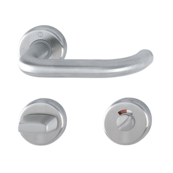 Maniglia Baden Hoppe per porta interna, rosetta e nottolino Wc, quadro 8 mm, spessore porta 38-51 mm, Acciaio Inox finitura Satinato F69