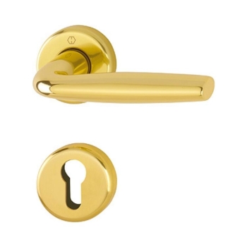Maniglia Milos Hoppe per porta interna, rosetta e bocchetta tonda foro Yale, quadro 8 mm, spessore porta 35-75 mm, Alluminio finitura Oro Lucido F271