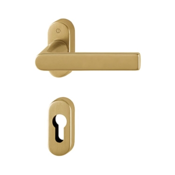 Maniglia Los Angeles Hoppe per porta a profilo, rosetta e bocchetta ovale foro Yale, quadro 8 mm, spessore porta 62-74 mm, Ottone finitura Chiaro Satinato F78-1-R
