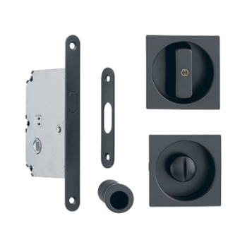Kit quadro Spazio 1 Hoppe per porta scorrevole, chiavistello e bottone con serratura 50 mm, Alluminio finitura Nero Opaco F9714M