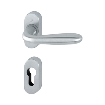 Maniglia Santiago Hoppe per porta a profilo, rosetta e bocchetta ovale foro Yale, quadro 8 mm, spessore porta 57-86 mm, Ottone finitura Cromo Satinato F41