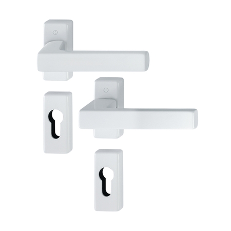 Maniglia Toulon Hoppe per porta a profilo spessore 75-85 mm, rosetta e bocchetta rettangolare foro Yale, quadro 8 mm, Alluminio finitura Bianco Traffico F9016