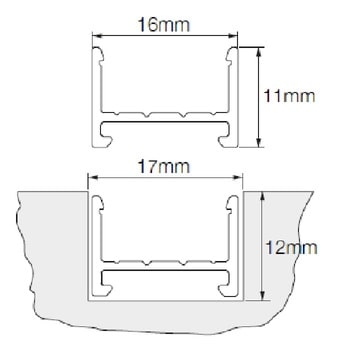Profilo Mec 1-2 LS per sistema illuminazione, dimensione 16,00x11,00 mm, lunghezza 3000 mm, Alluminio finitura Argento Anodizzato
