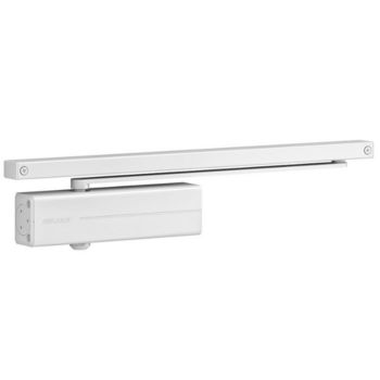 Chiudiporta aereo a cremagliera DC135 Assa Abloy per porta battente, forza di chiusura EN 3, braccio a slitta, finitura Bianco Ral 9016