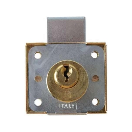 Serratura da applicare 2241 Meroni per cassetto, cilindro dimensioni 20x20 mm, finitura Ottone Decapato