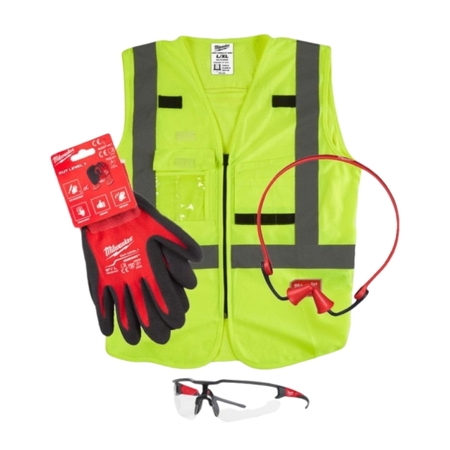 Safety kit 2.0 Milwaukee per lavoro, con gilet L/XL, guanti antitaglio cat. 1, occhiali protettivi e inserti auricolari
