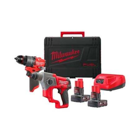 Set trapano con percussione M12 FPP2F2-602X Fuel Milwaukee per vite, tassellatore SDS-PLUS, batteria M12â„¢, caricabatterie M12â„¢, voltaggio 12 V