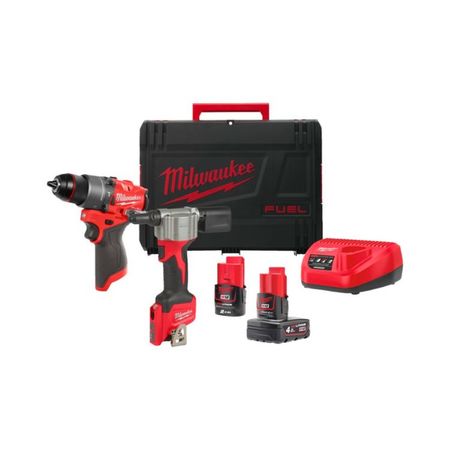 Set trapano M12 a percussione Milwaukee per foratura, rivettatrice compatta, 2 batterie M12, caricabatterie M12, voltaggio 12 V