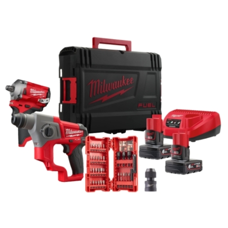 Set avvitatore ad impulsi M12 FPP2BP-602X Milwaukee, tassellatore SDS-Plus attacco 1/2 quadro, batterie 6 Ah e caricatore, voltaggio 12 V