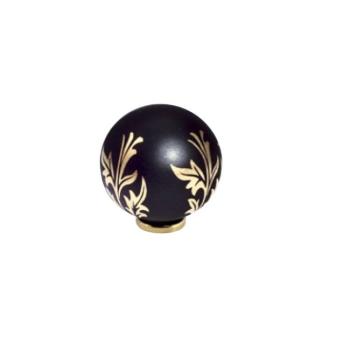 Pomello per mobile a sfera in Ceramica, pomolo serie BUBBLE LEAF, colore Nero e decoro foglie Oro, &Oslash; 40 mm
