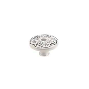 Pomello per mobile rotondo, pomolo serie Hoop Fiorita in Ceramica, colore Bianco e decoro Grigio, dimensioni 70 x 39 mm