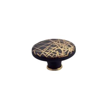 Pomello per mobile rotondo, pomolo serie Hoop Decor in Ceramica, colore Nero decoro Oro, dimensioni 70 x 39 mm