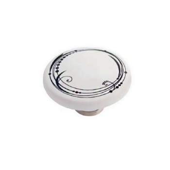 Pomello per mobile rotondo, pomolo serie Hoop Deco in Ceramica Bianca e decoro Nero, dimensioni 44x30 mm