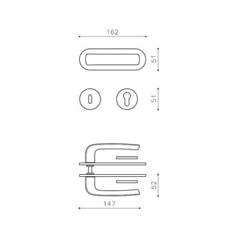 Maniglia per porta serie DIVA Olivari, con placca e bocchetta foro Patent, finitura Cromo Satinato