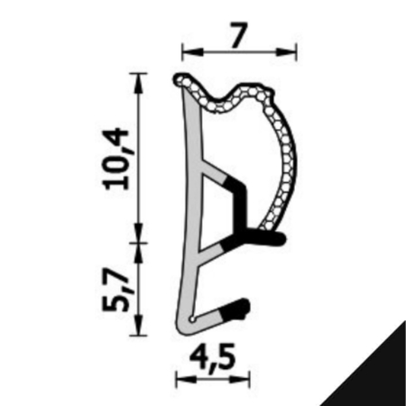 Guarnizione per serramento A 574 ESP Roverplastik, battuta 11 mm, aria 4,5 mm, fresata 4 mm, bobina da 250 mt, finitura Nero