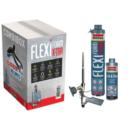 Kit Flexifoambox X-Tra Soudal, confezione 10 bombole Flexifoam Gun, poliuretanica flessibile, bombola 750 ml, 1 erogatore attacco rapido